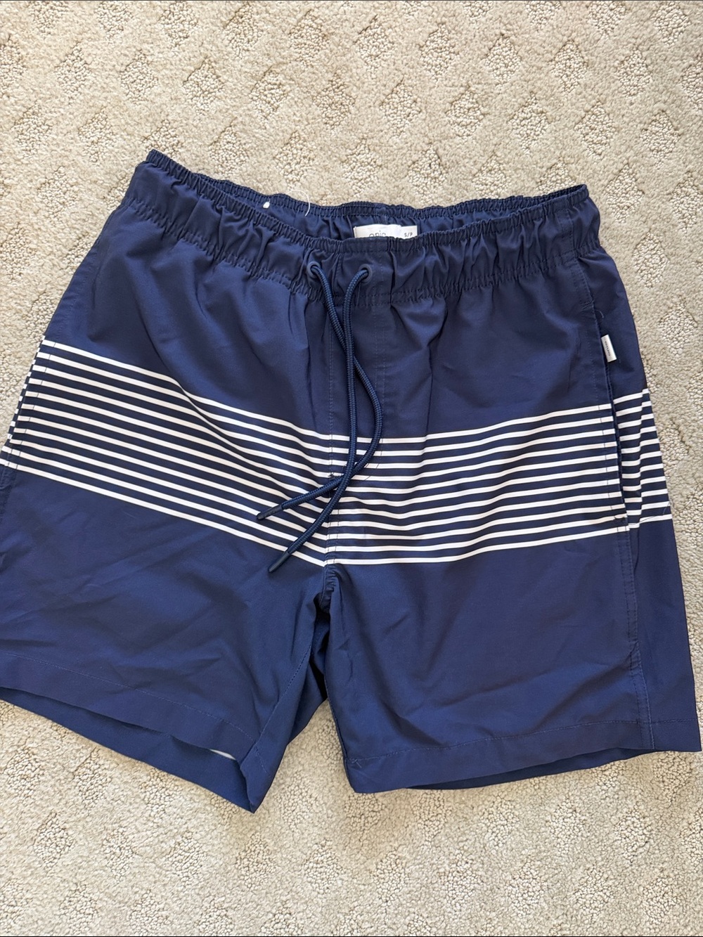 Onia Navy Blue Swim Shorts with White Stripes
